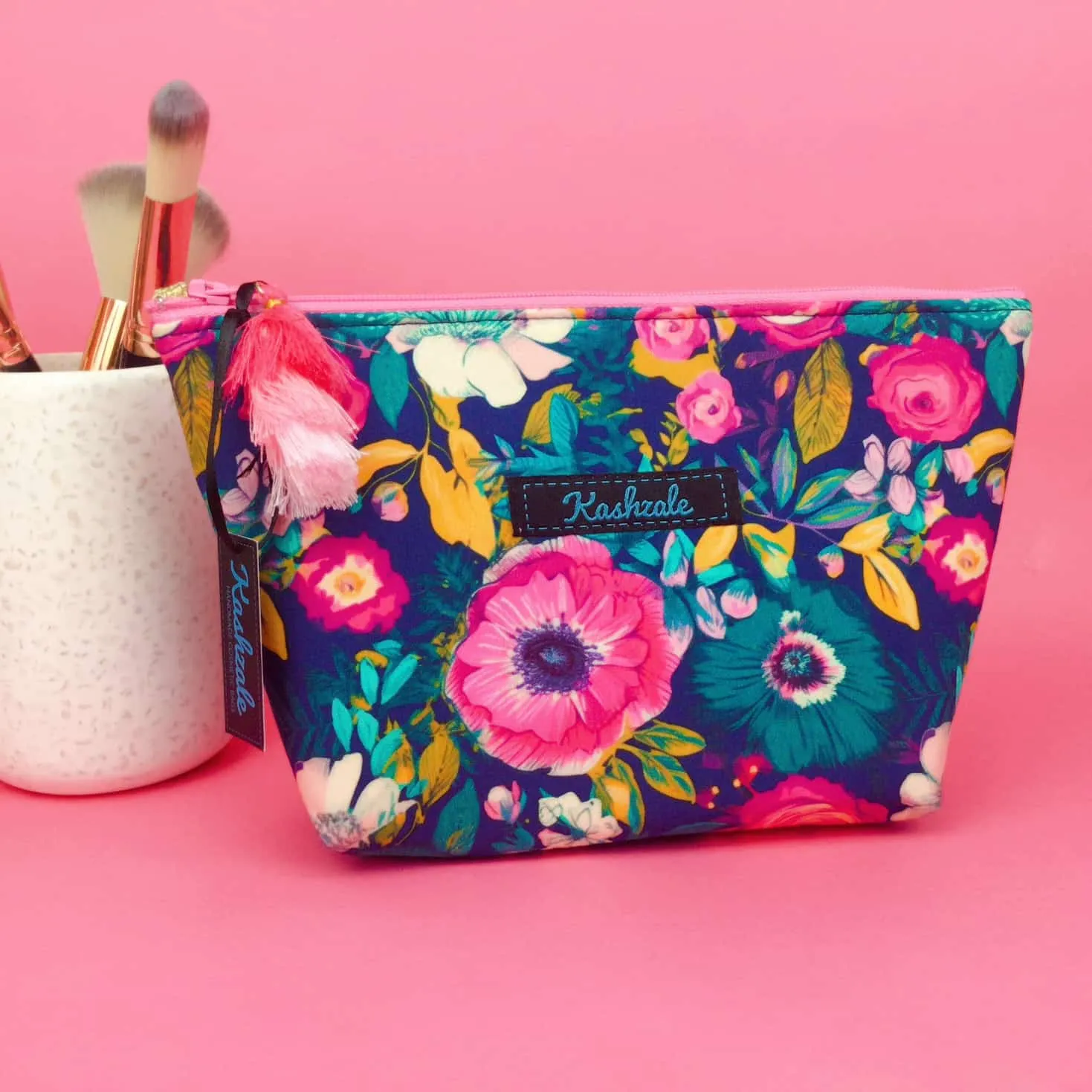 Navy and Pink Floral Medium Cosmetic Bag.