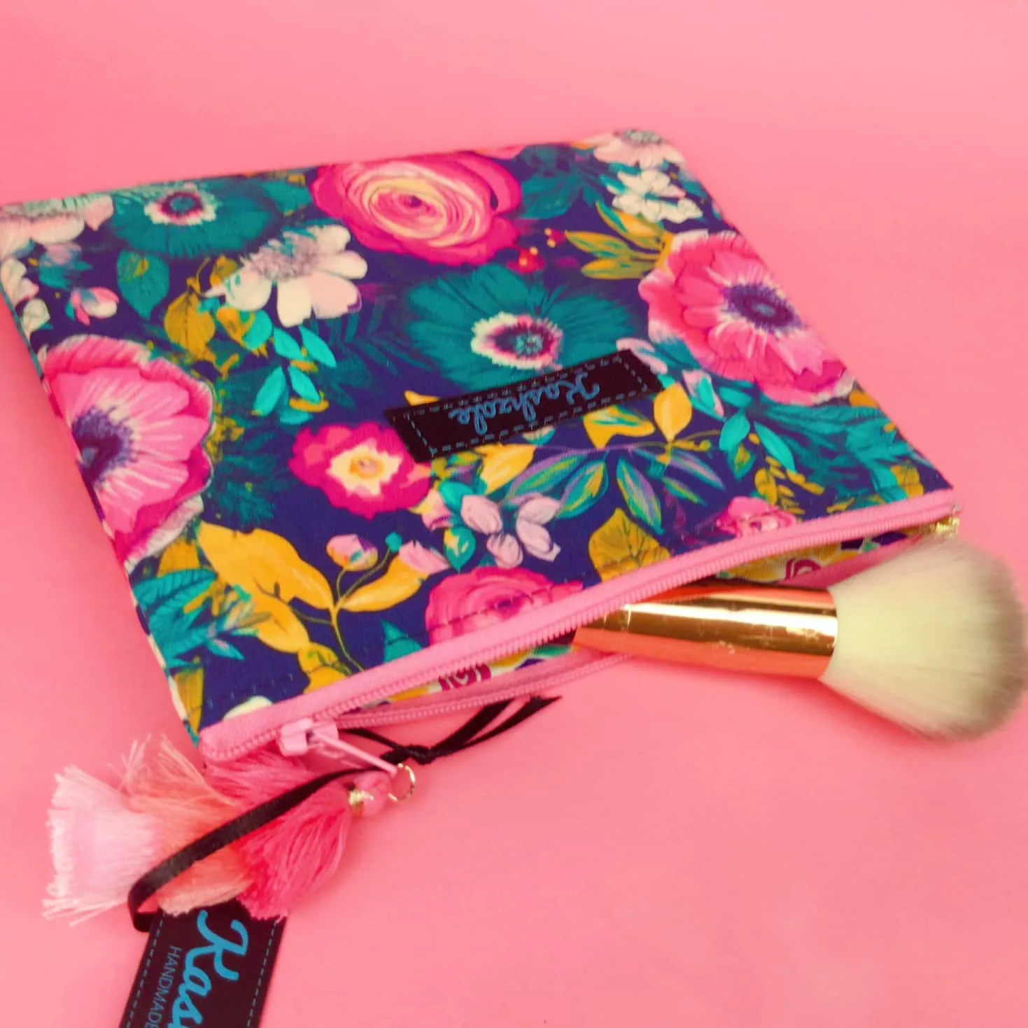 Navy and Pink Floral Small Clutch, Small makeup bag.