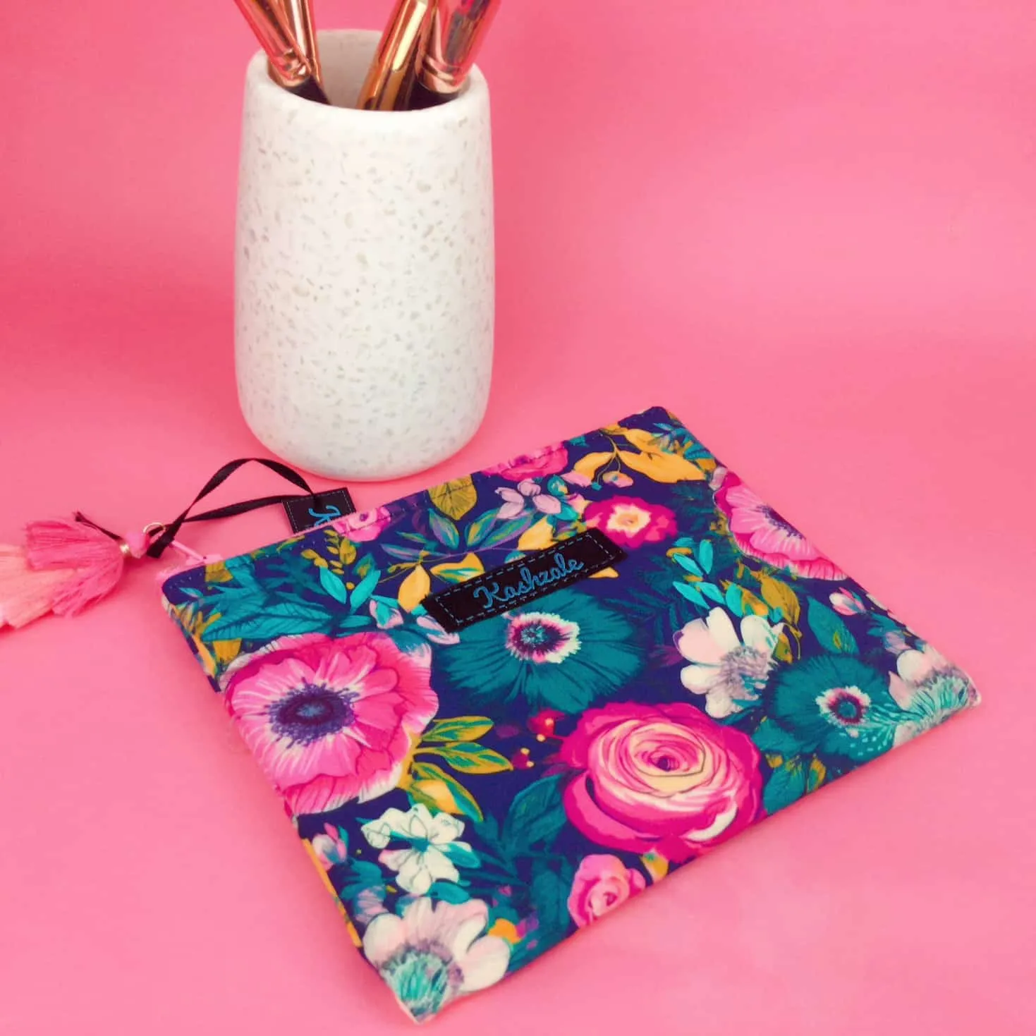 Navy and Pink Floral Small Clutch, Small makeup bag.