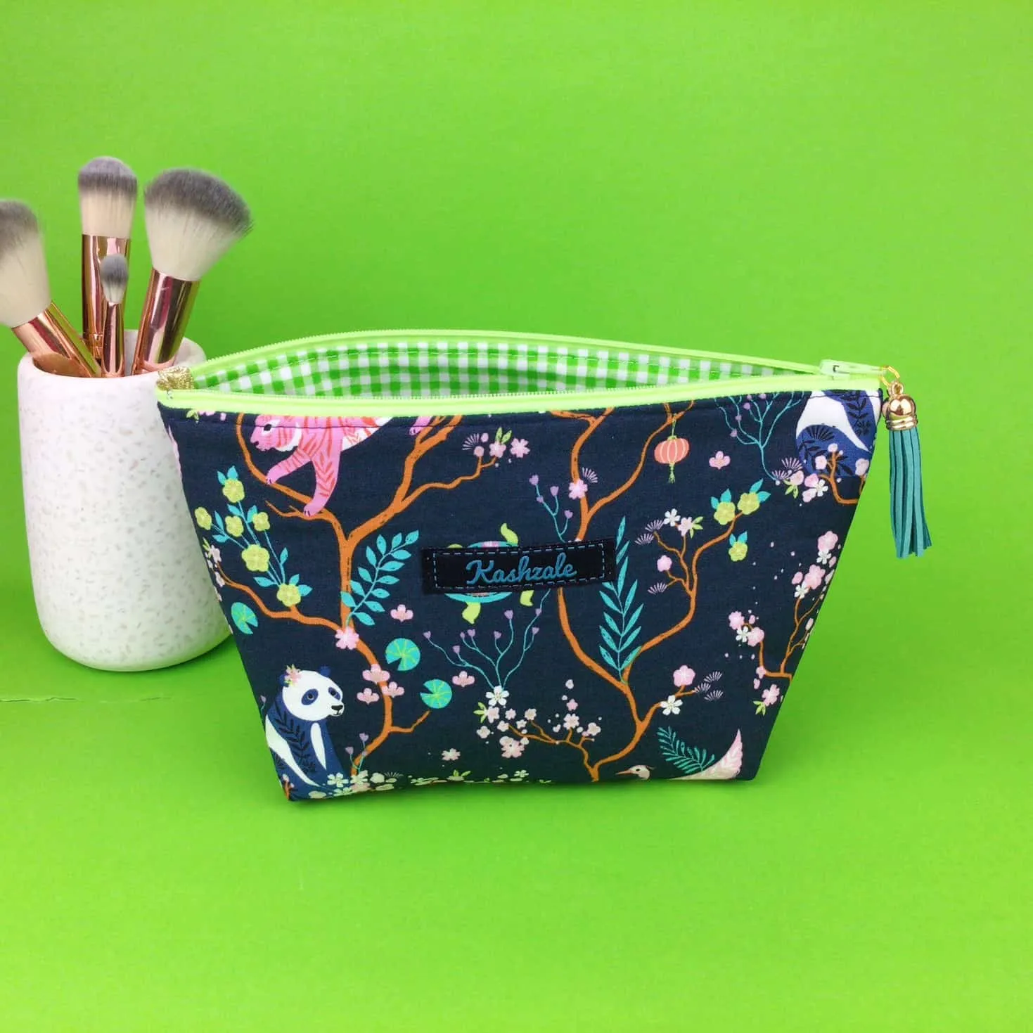 Navy Pandas and Tigers Medium Cosmetic Bag. Navy Cosmetic Bags