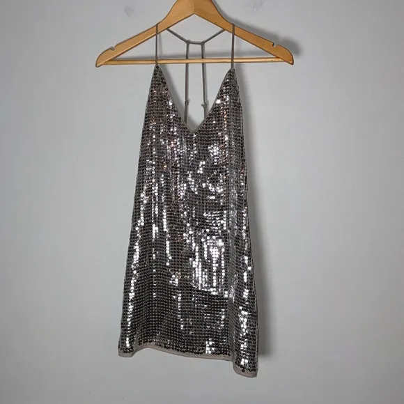 NBD Sequin Silver Champagne Babydoll Mini Dress XS