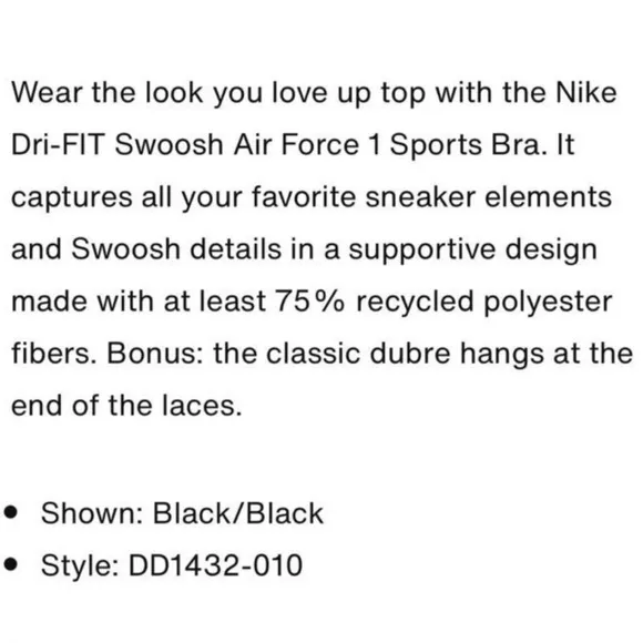 Nike Swoosh Air Force 1 DRI FIT XL black lace up front medium support sports bra