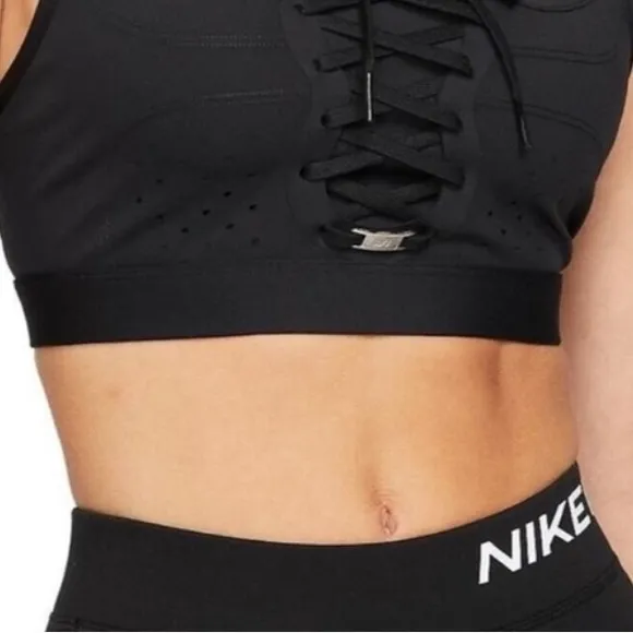 Nike Swoosh Air Force 1 DRI FIT XL black lace up front medium support sports bra