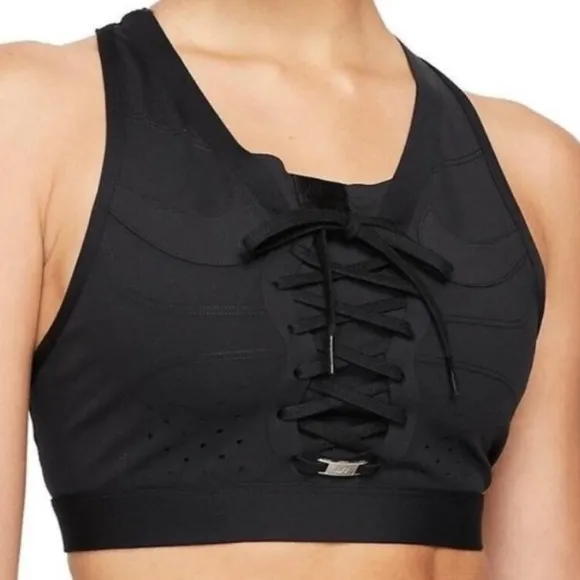Nike Swoosh Air Force 1 DRI FIT XL black lace up front medium support sports bra