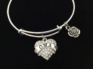 Oma Crystal Heart Charm Silver Bracelet on Expandable Adjustable Wire Bangle Grandmother Handmade Grandma Gift