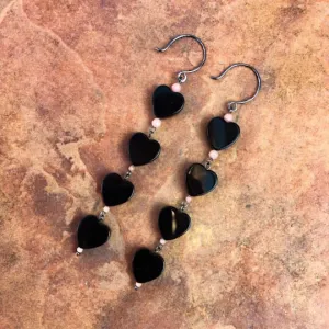 Onyx Hearts & Pink Opal long drop oxidized sterling silver earrings