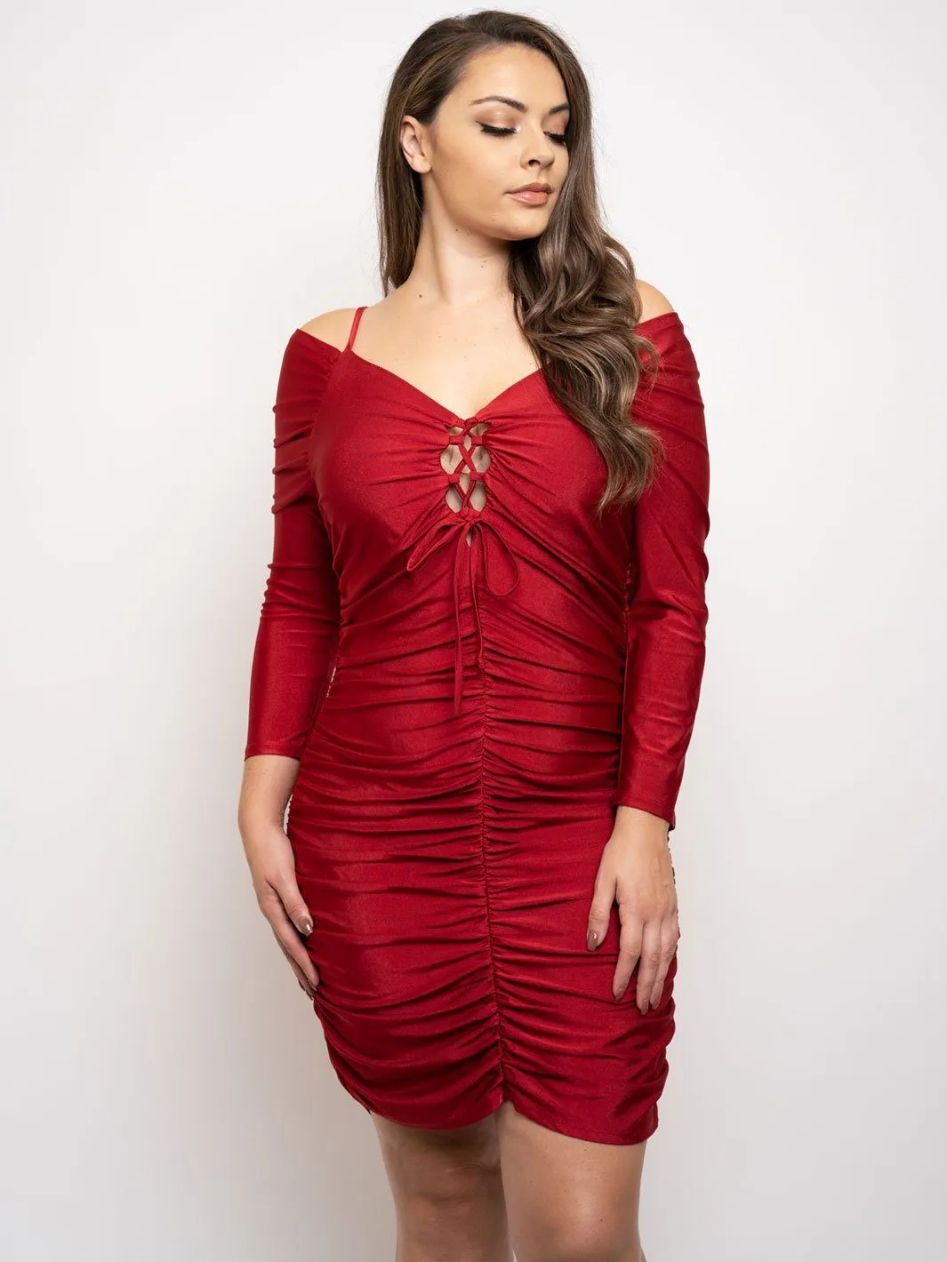 PLUS SIZE RUCHED OFF SHOULDER MINI DRESS