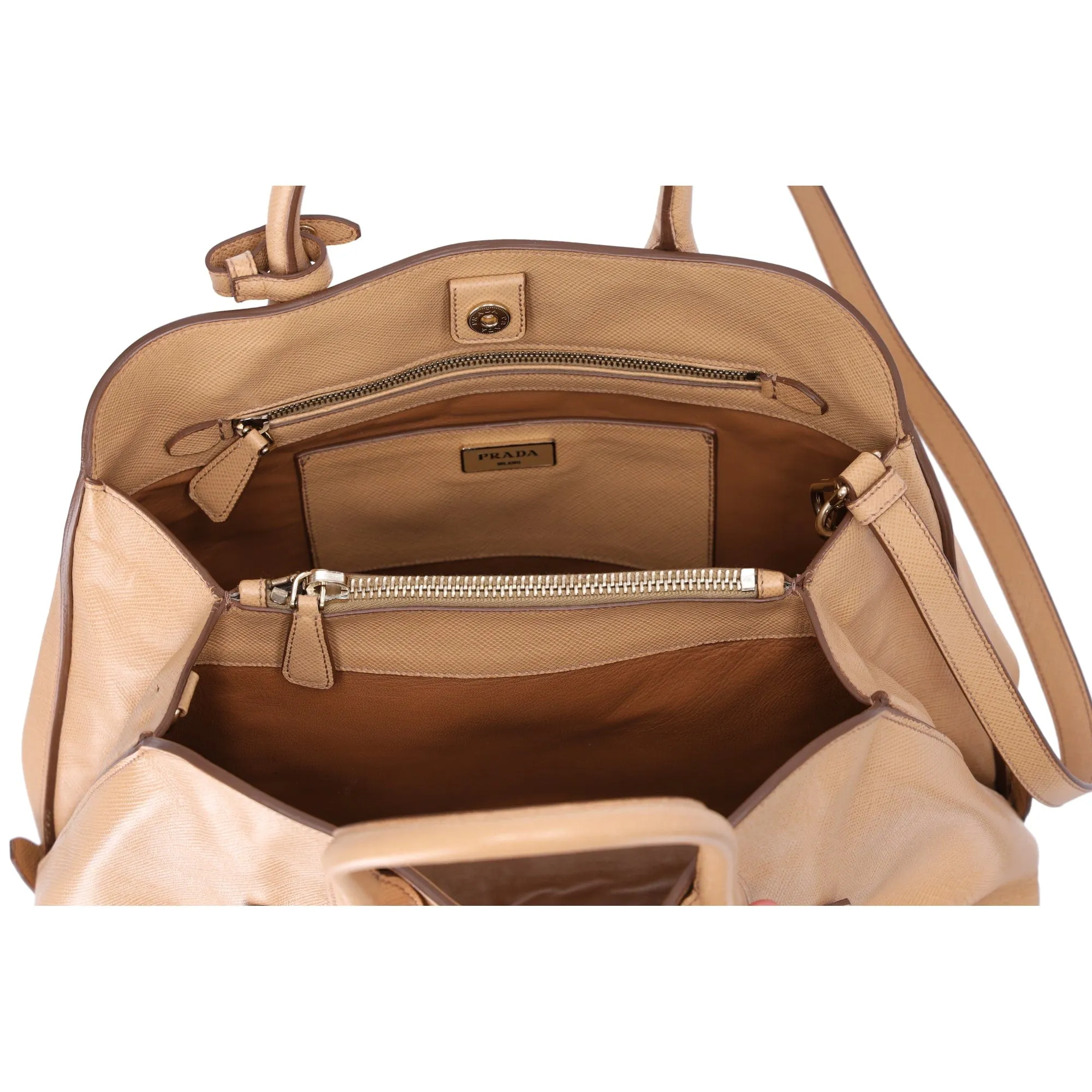 PRADA Logo Handbag BN2554 Beige Saffiano Cuir Leather