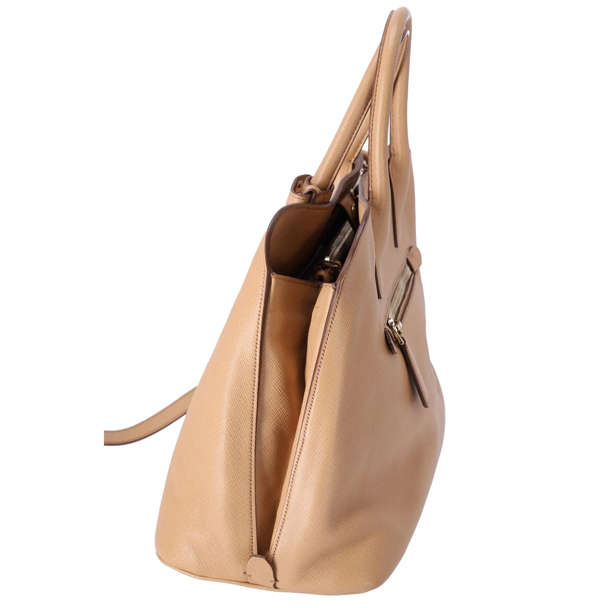 PRADA Logo Handbag BN2554 Beige Saffiano Cuir Leather