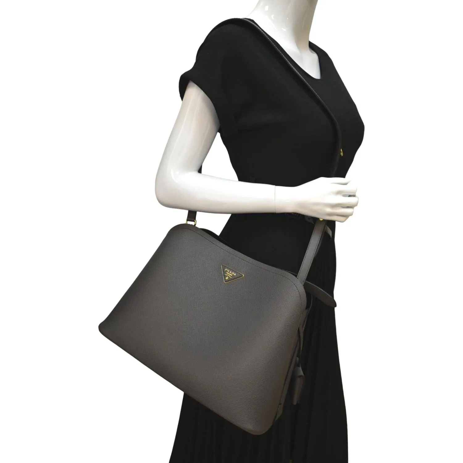 PRADA Matinee Saffiano Leather Shoulder Bag Fumo