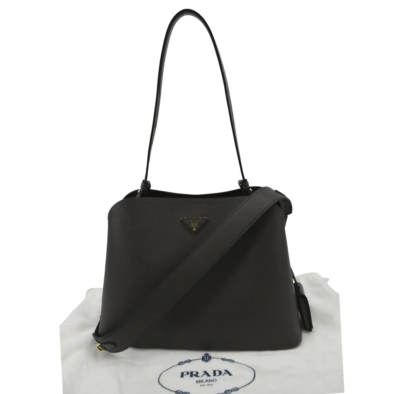 PRADA Matinee Saffiano Leather Shoulder Bag Fumo