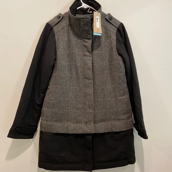 PRana plaid tweed adjustable length Insulated coat. NWT Small zip