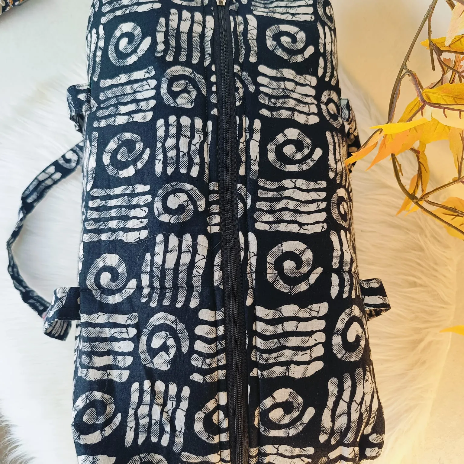 Rectangle Travel Bag Black With White Big Flower Design.
