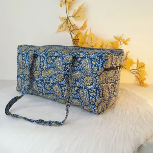 Rectangle Travel Bag Blue With Mustered Mango Design.