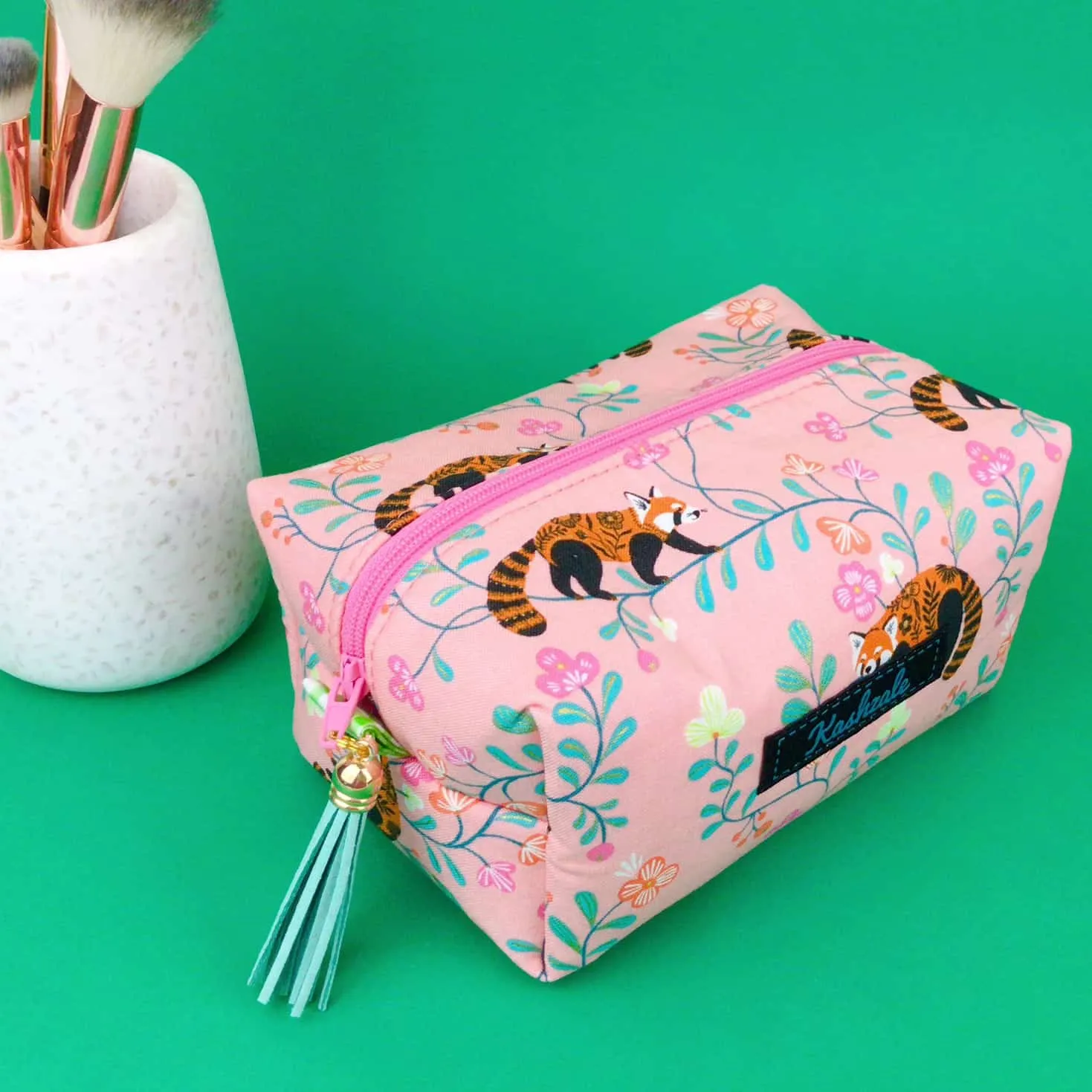 Red Panda Medium Box Makeup Bag.  Coral Makeup Bag