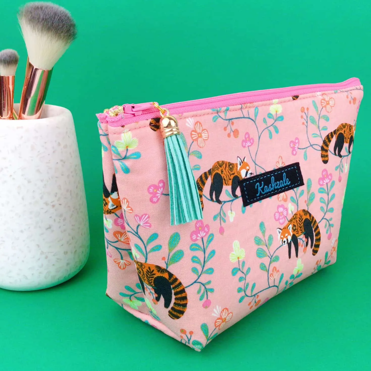 Red Panda Medium Cosmetic Bag. Coral Cosmetic Bags.
