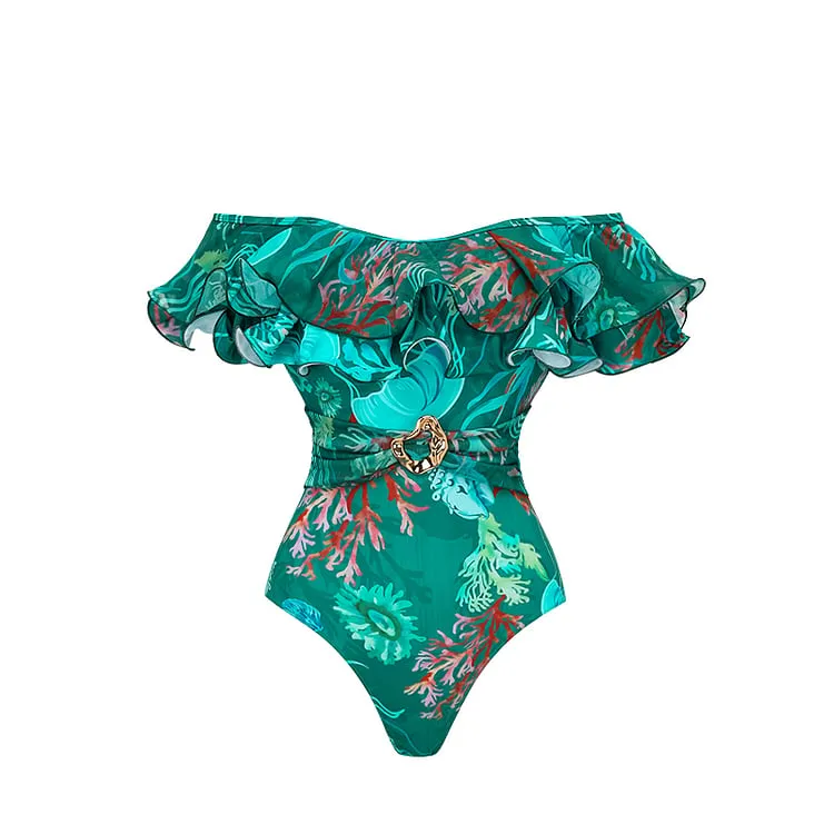 Removable Shoulder Strap Off Shoulder Marine Organism One Piece Swimsuit Set - As shown / S