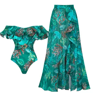 Removable Shoulder Strap Off Shoulder Marine Organism One Piece Swimsuit Set - As shown / S