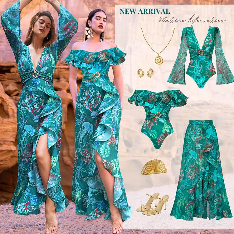 Removable Shoulder Strap Off Shoulder Marine Organism One Piece Swimsuit Set - As shown / S