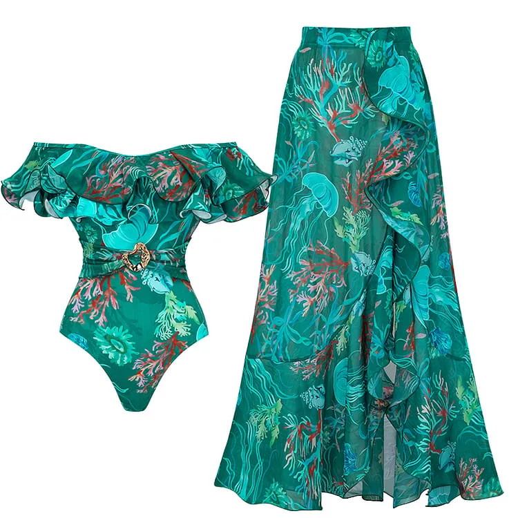 Removable Shoulder Strap Off Shoulder Marine Organism One Piece Swimsuit Set - As shown / S