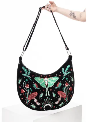 Restyle Autumnal Equinox Moth Mushroom Embroidery Hobo Bag Black