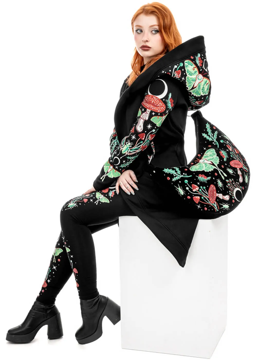 Restyle Autumnal Equinox Moth Mushroom Embroidery Hobo Bag Black
