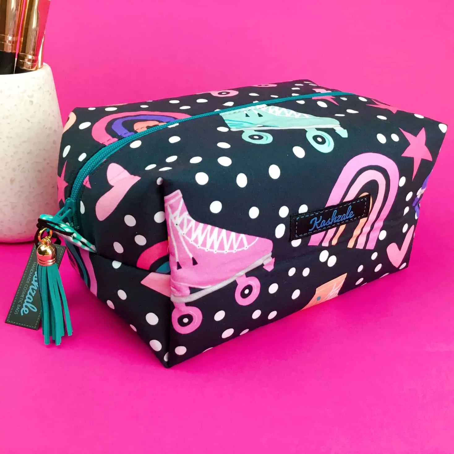 Roller Skating Rainbow Large Box Cosmetic Bag.