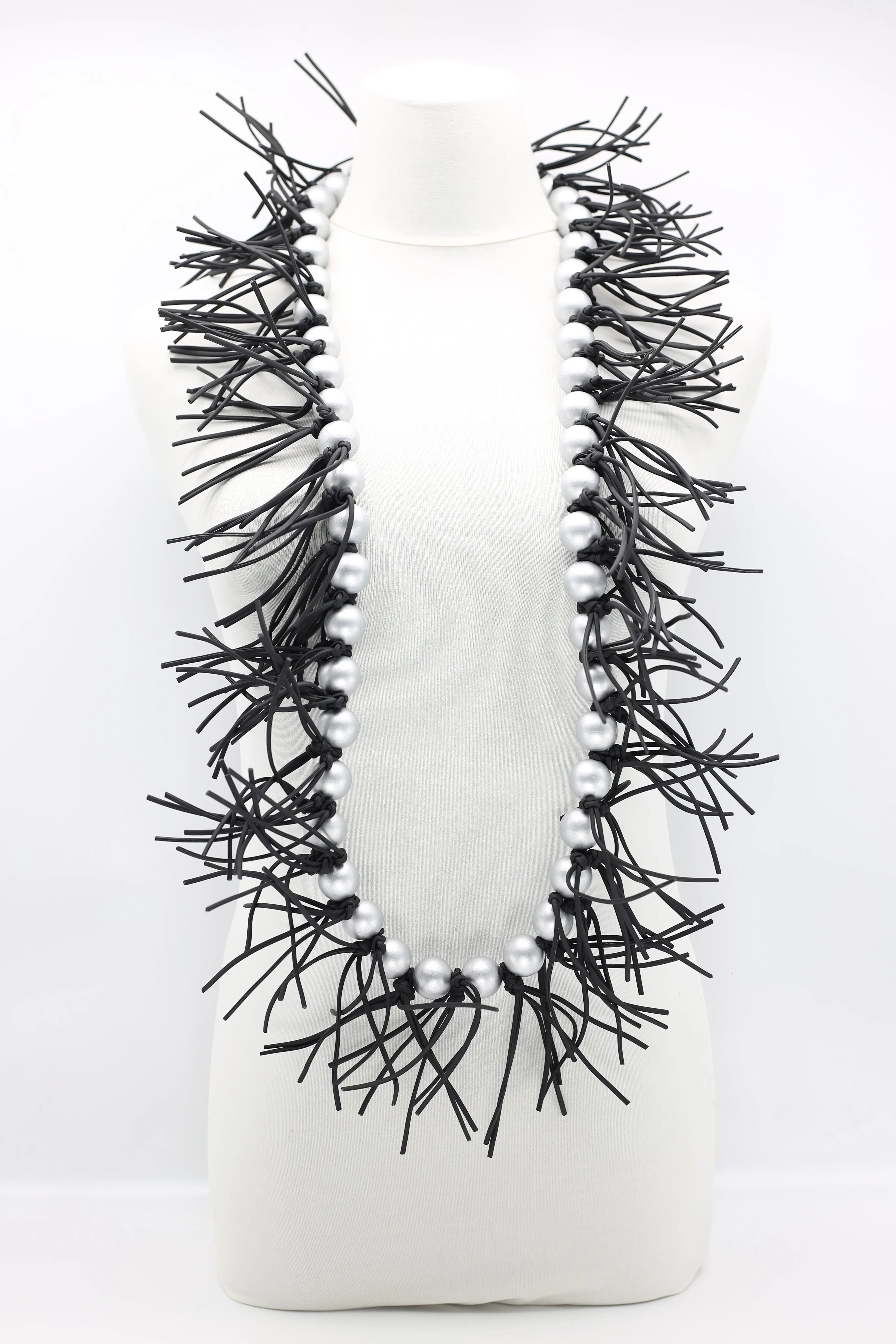 Round Beads & Leatherette Spikes Necklace