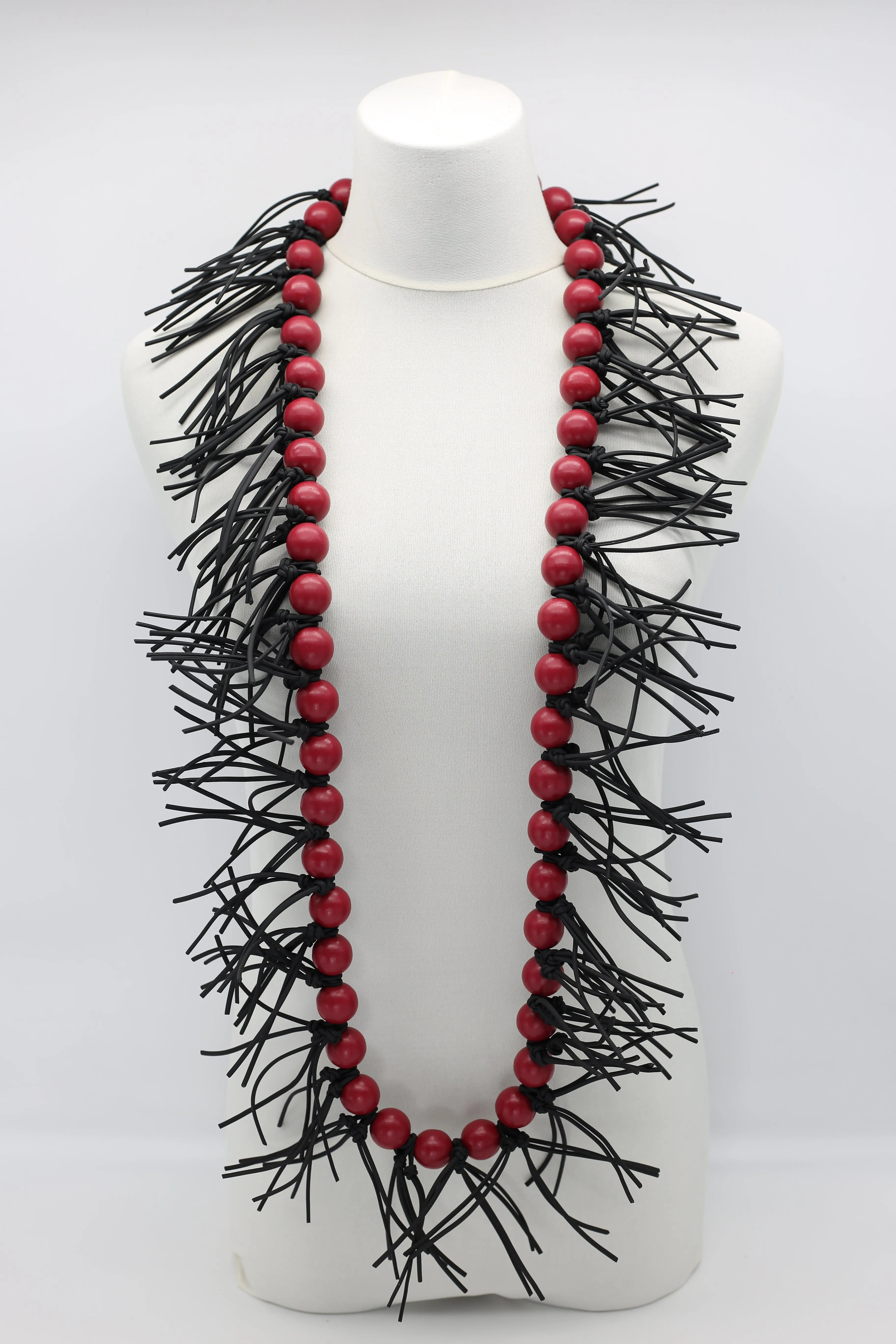 Round Beads & Leatherette Spikes Necklace