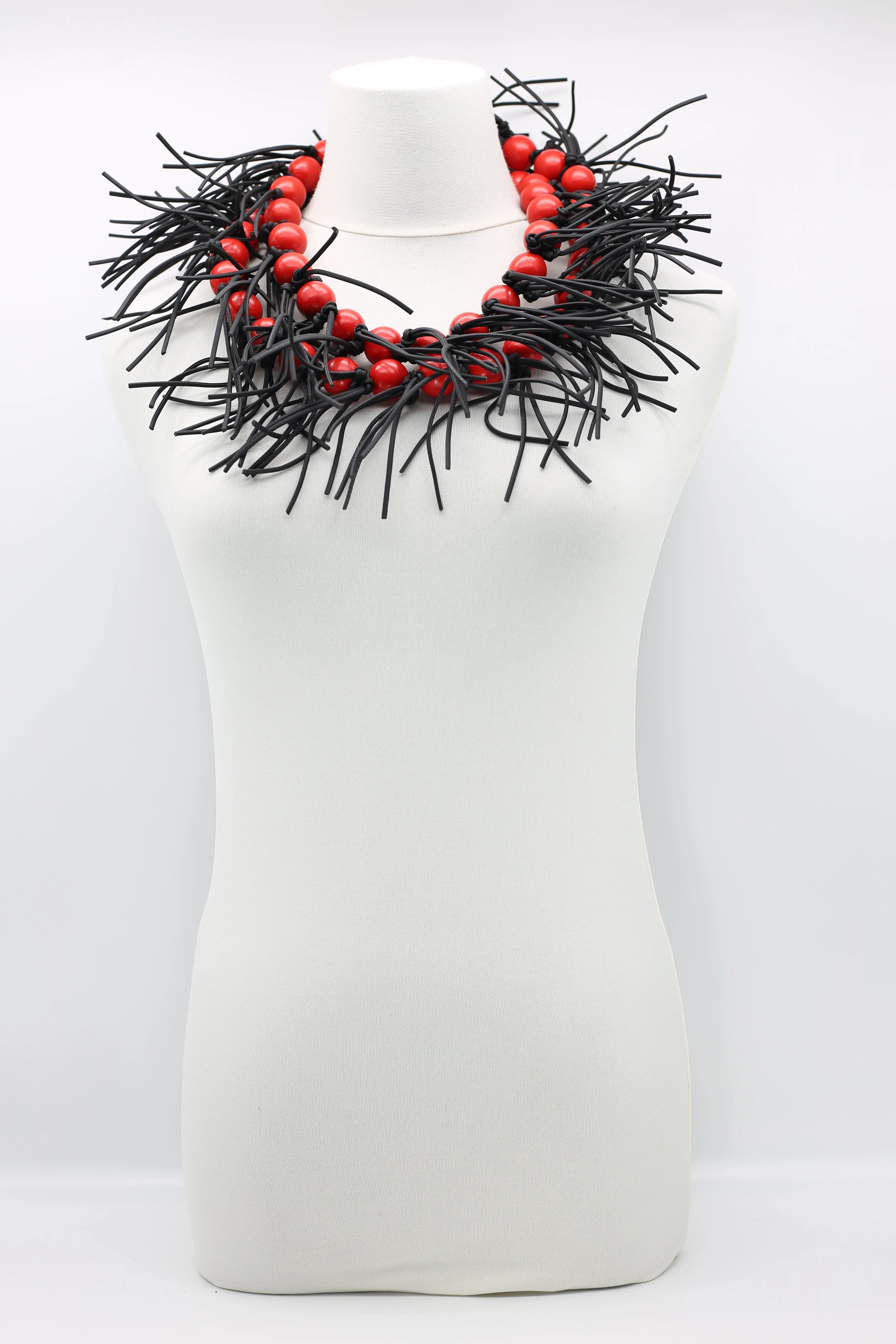 Round Beads & Leatherette Spikes Necklace