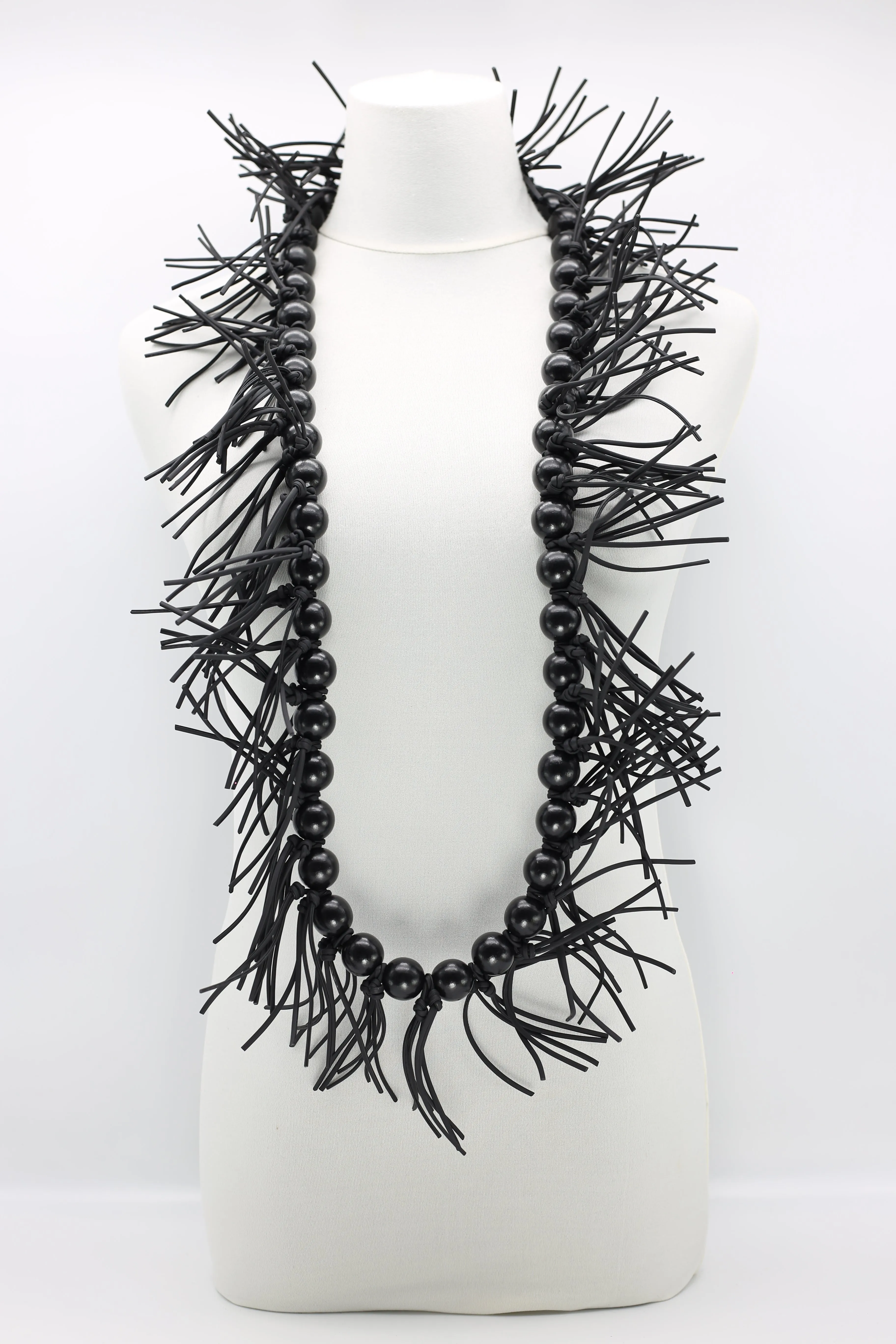 Round Beads & Leatherette Spikes Necklace