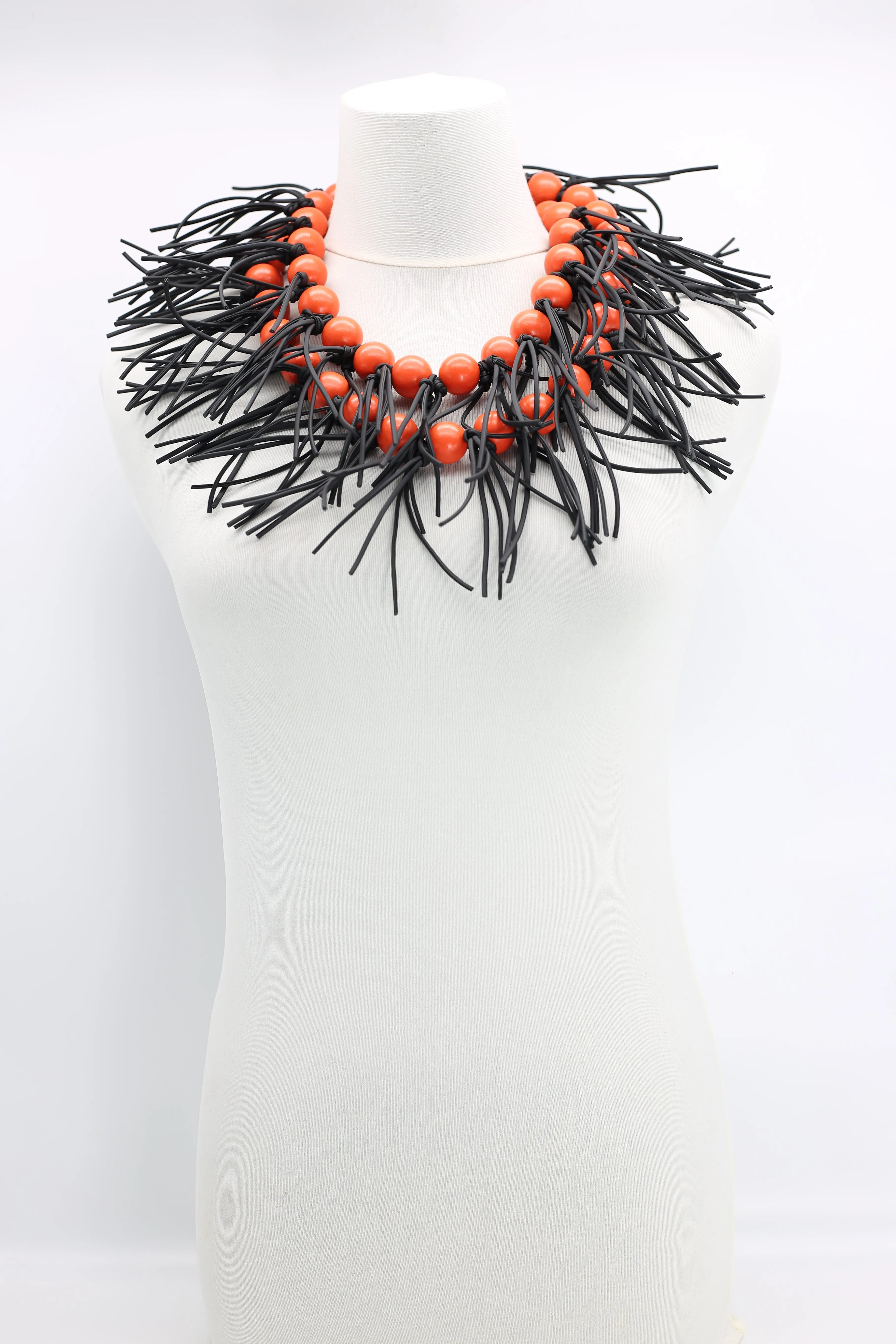 Round Beads & Leatherette Spikes Necklace