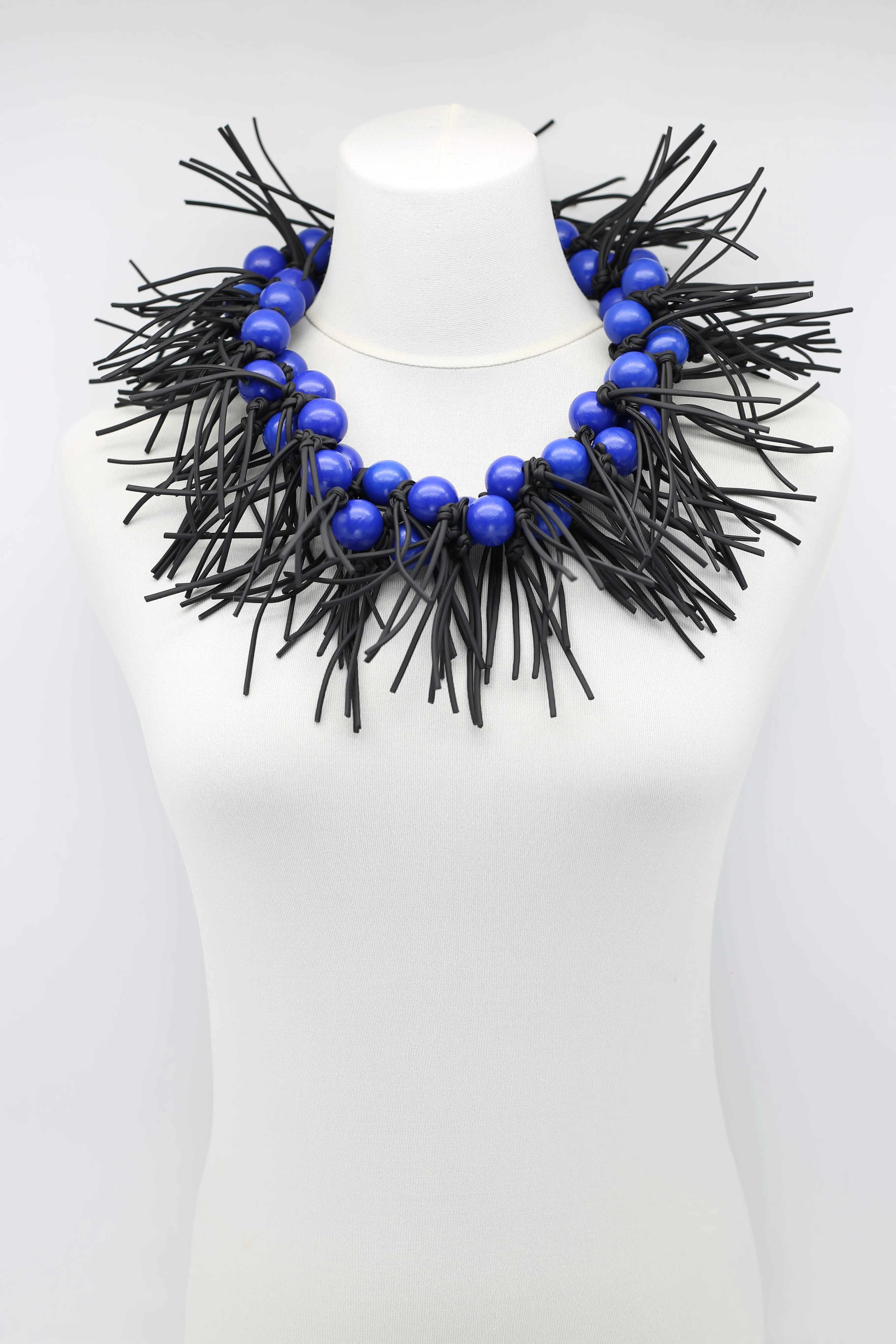 Round Beads & Leatherette Spikes Necklace