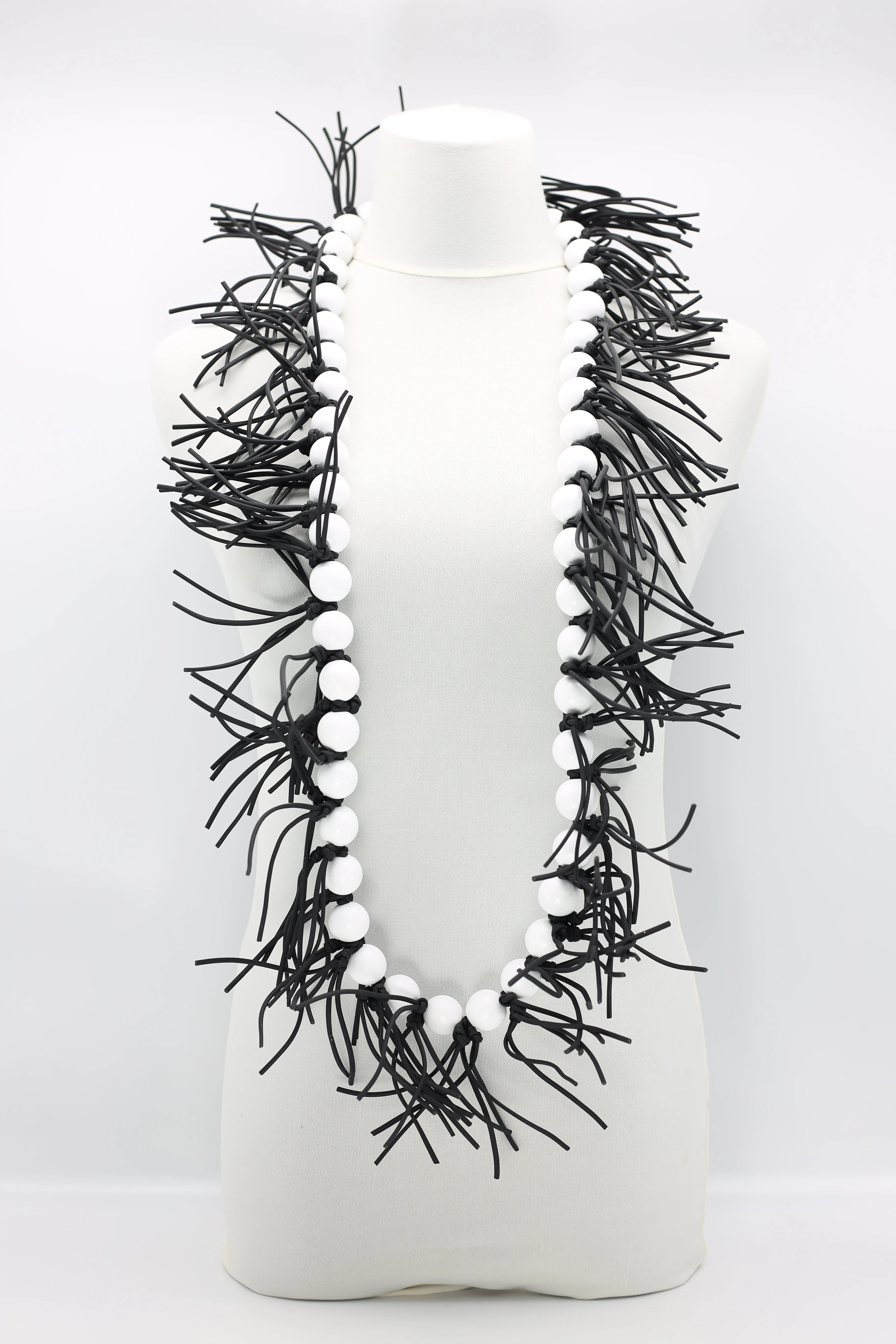 Round Beads & Leatherette Spikes Necklace