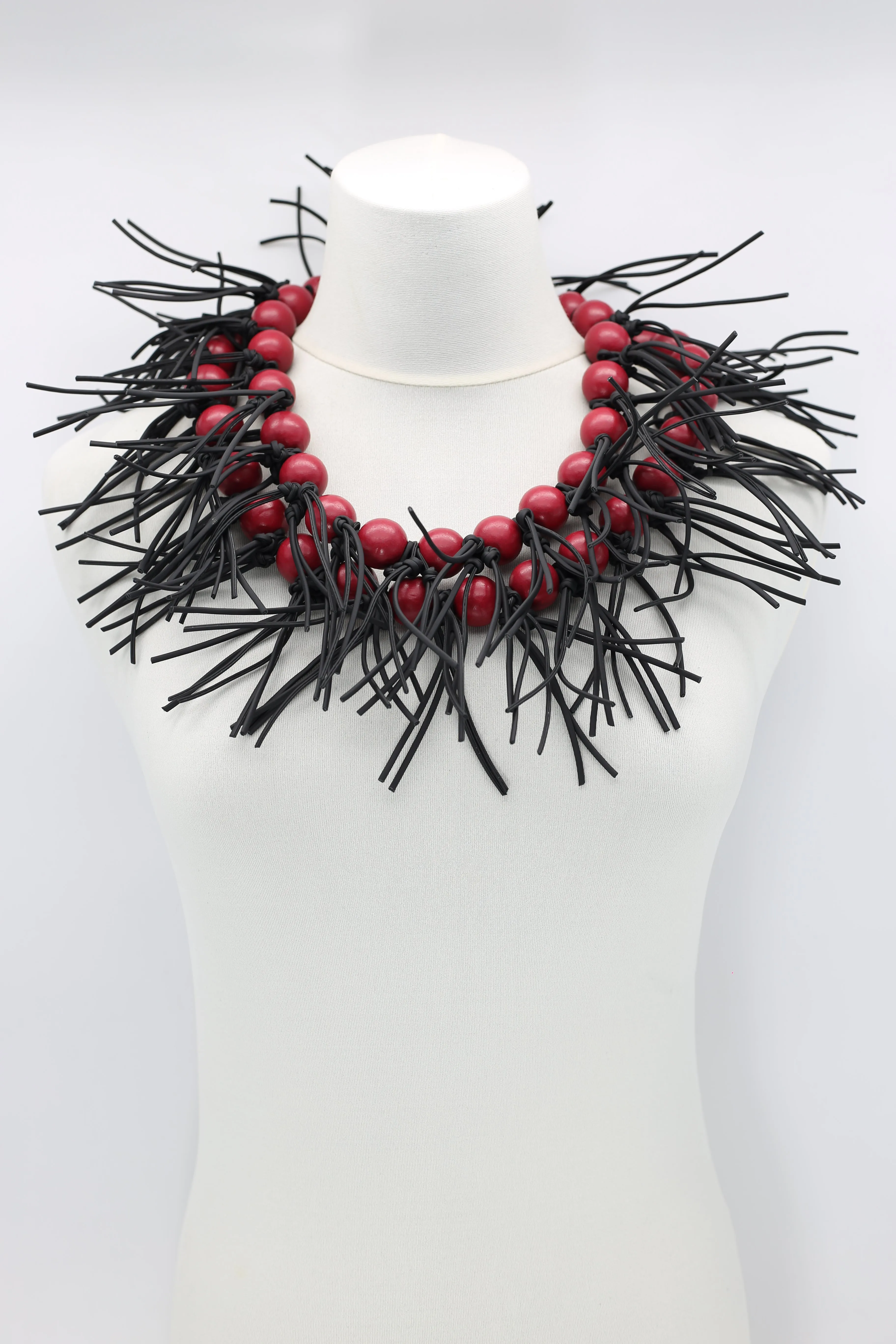 Round Beads & Leatherette Spikes Necklace