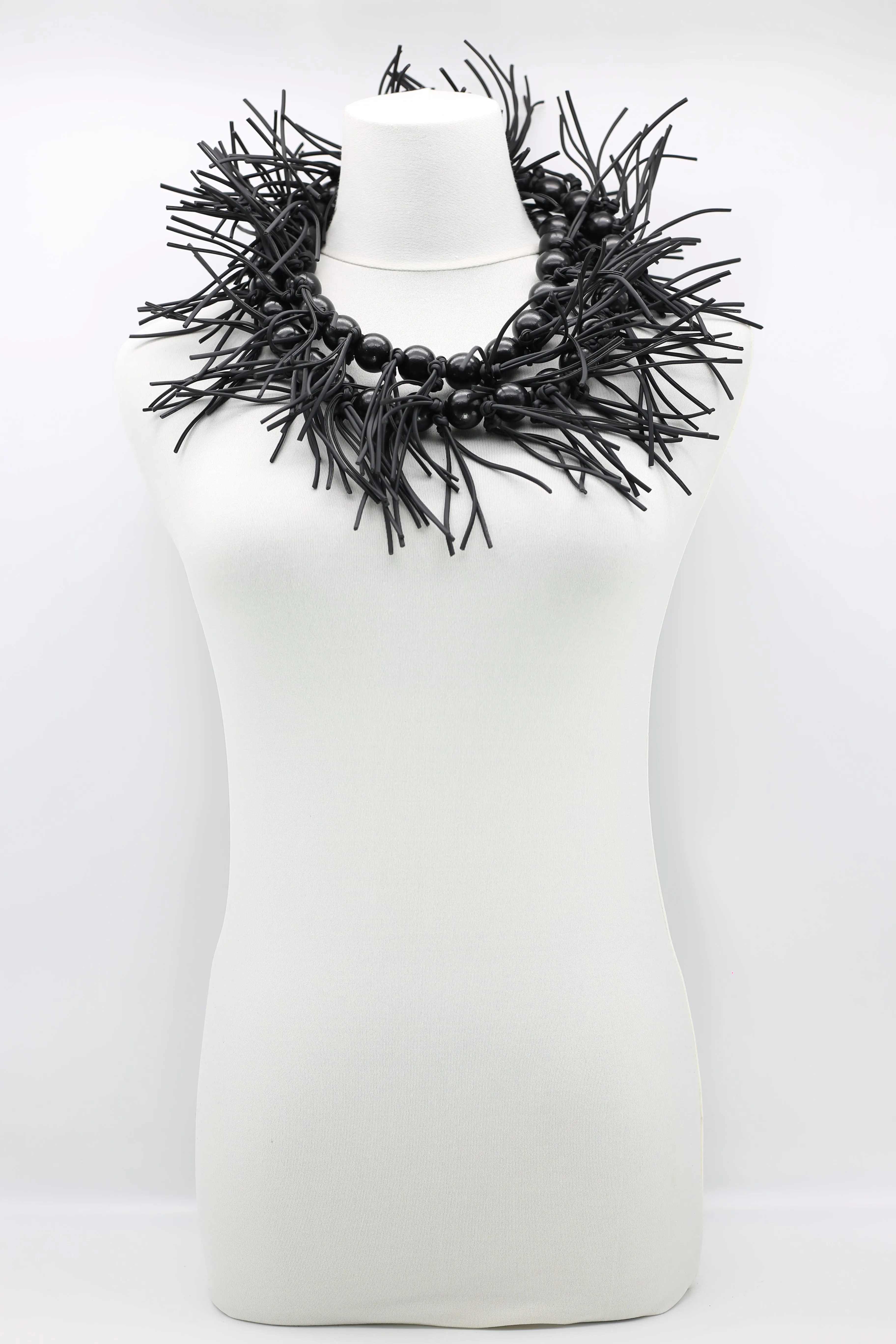 Round Beads & Leatherette Spikes Necklace