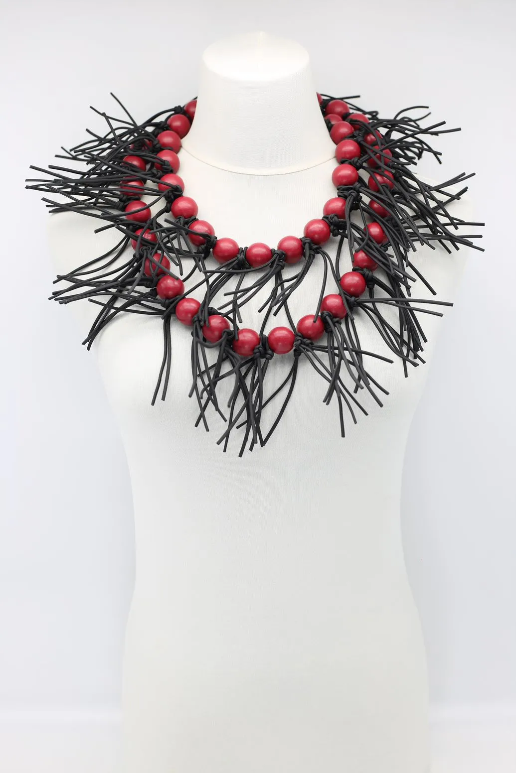 Round Beads & Leatherette Spikes Necklace