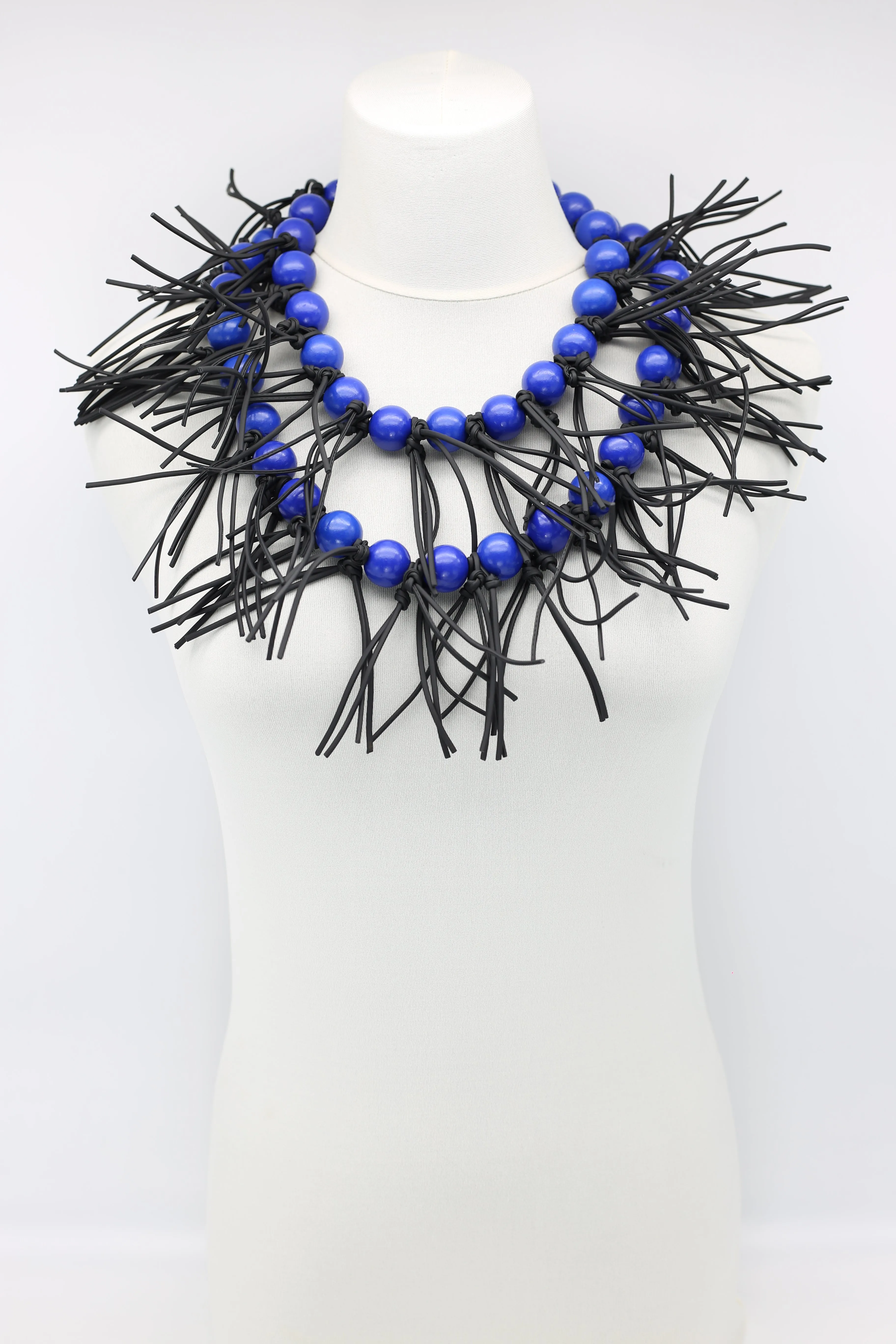 Round Beads & Leatherette Spikes Necklace