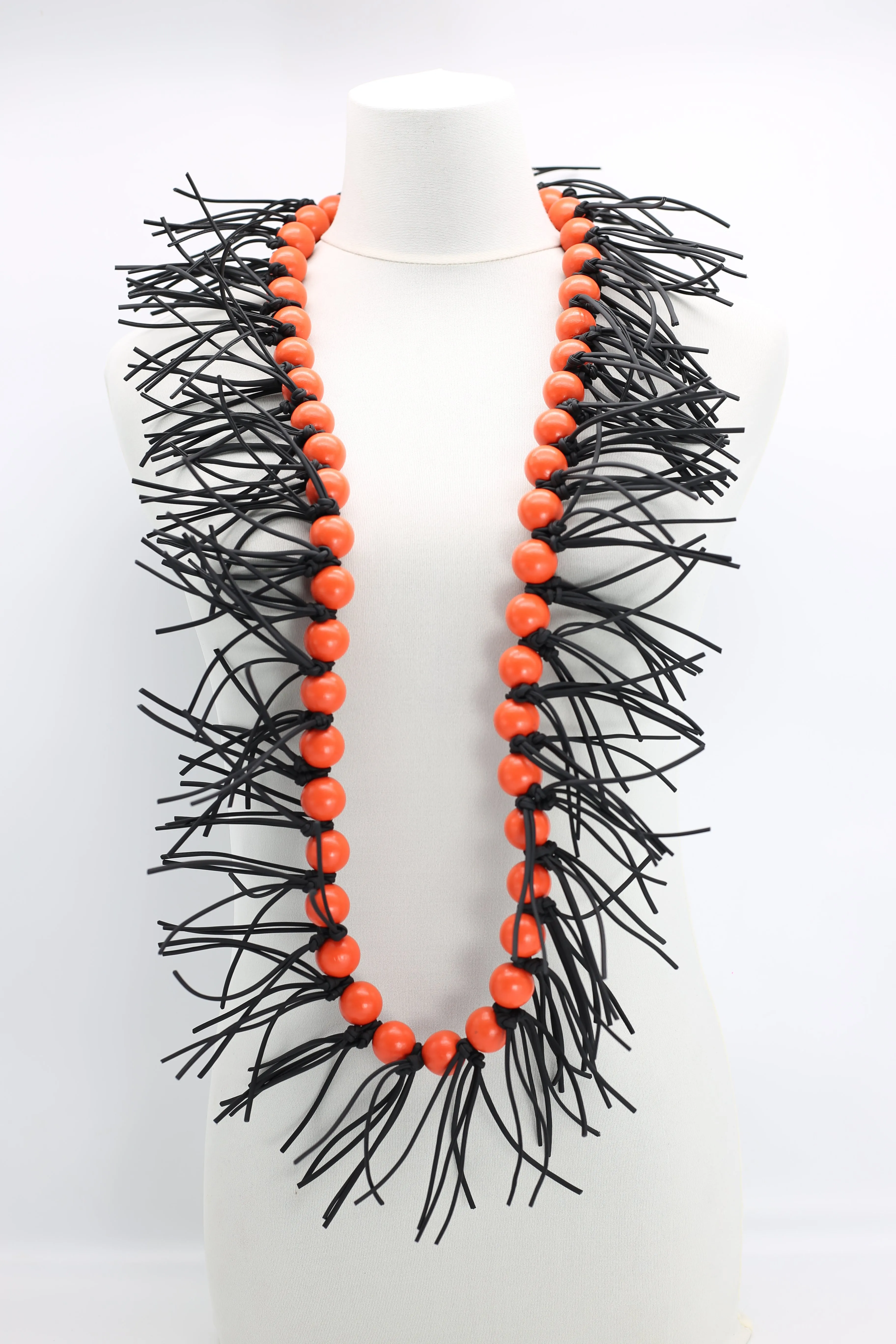 Round Beads & Leatherette Spikes Necklace