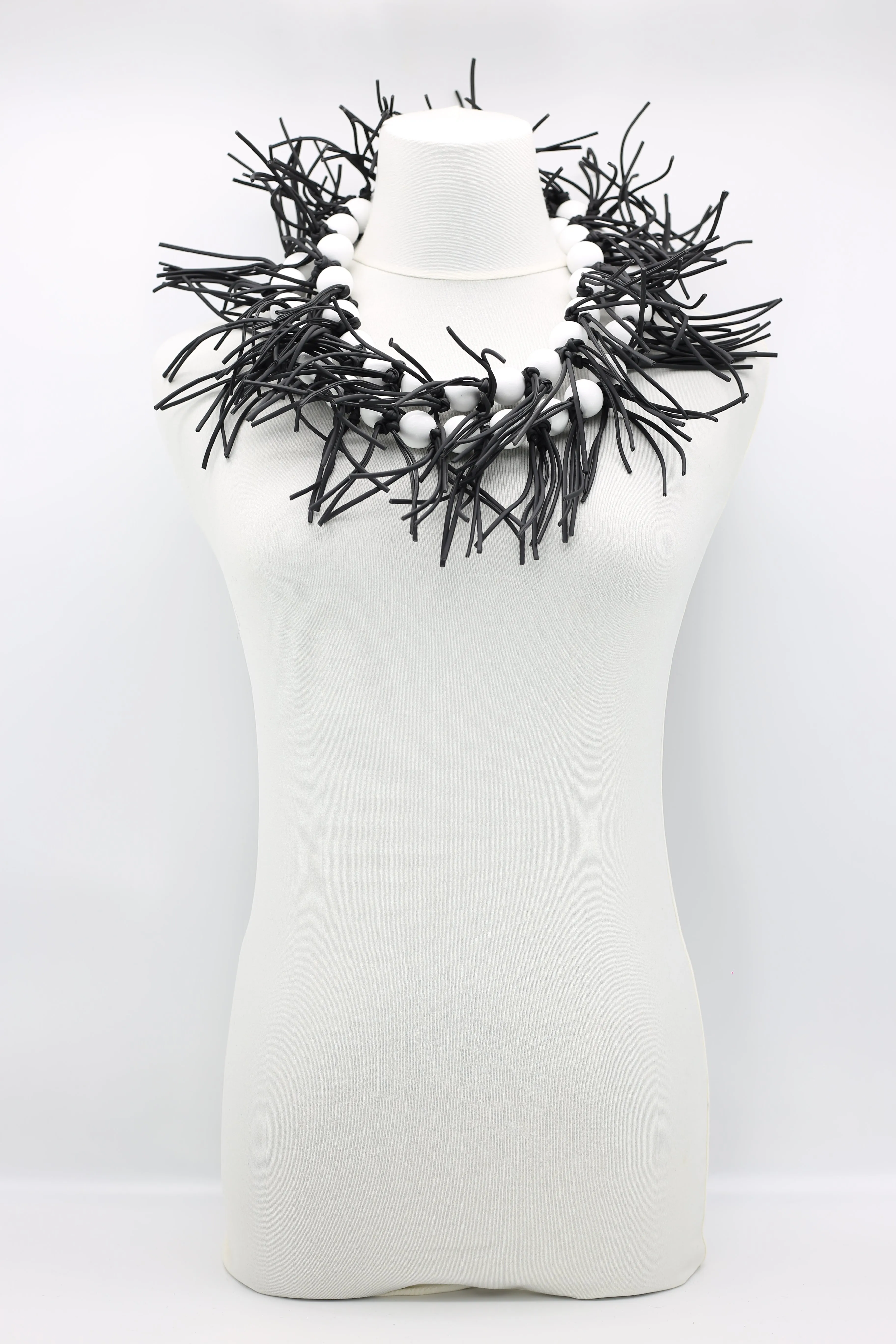 Round Beads & Leatherette Spikes Necklace