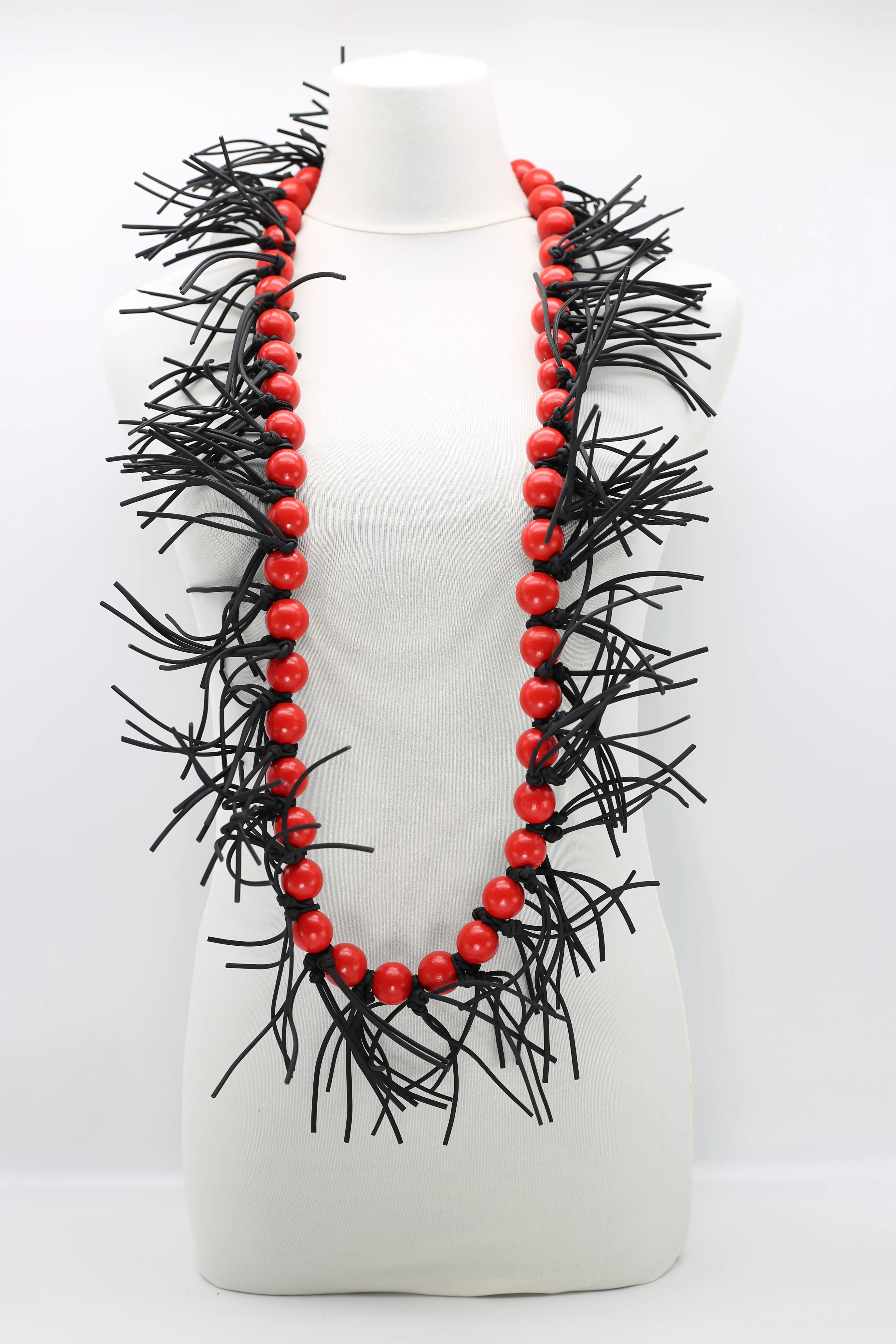 Round Beads & Leatherette Spikes Necklace