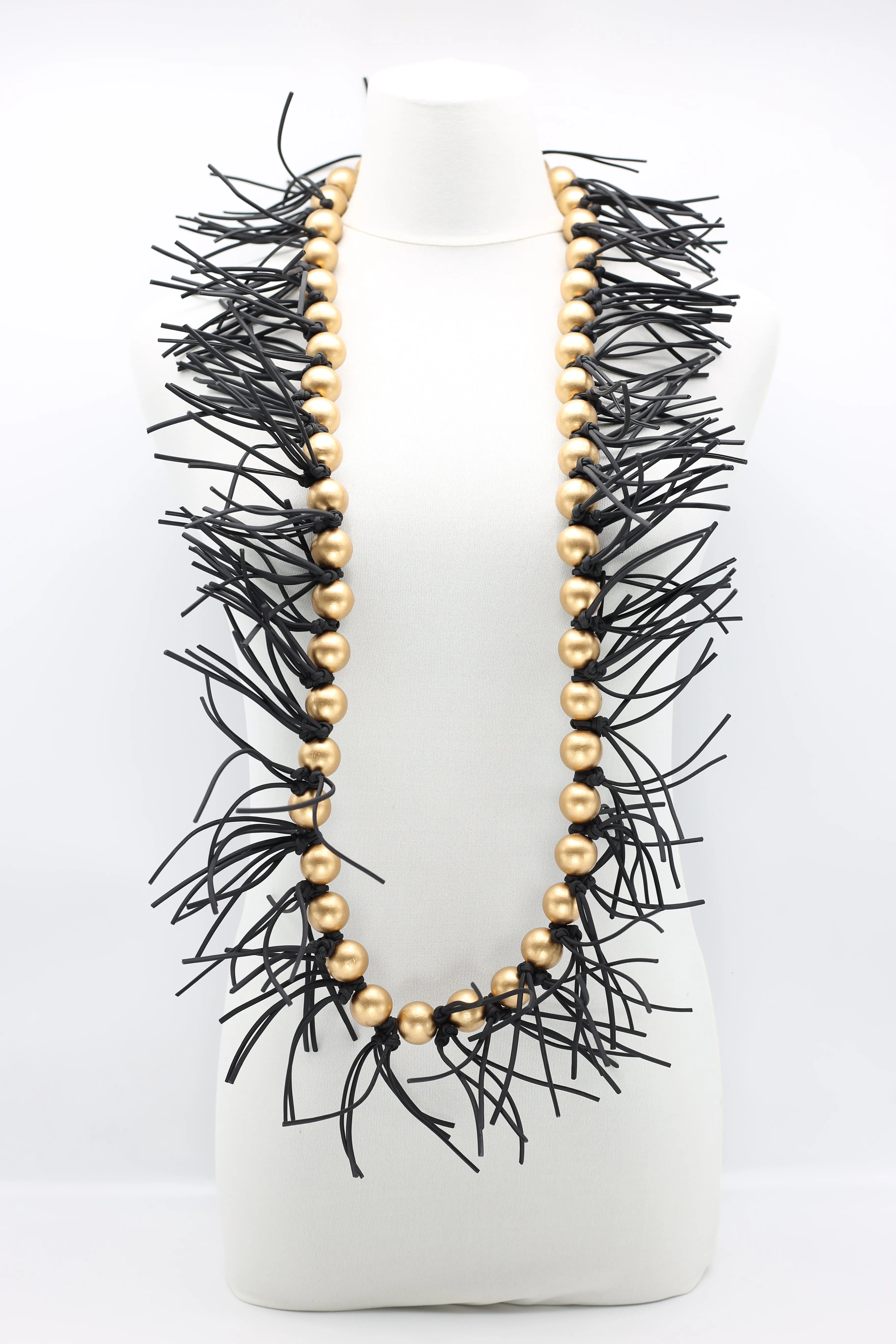 Round Beads & Leatherette Spikes Necklace