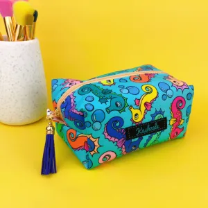 Seahorse Blue Medium Box Makeup Bag. Kasey Rainbow Design.