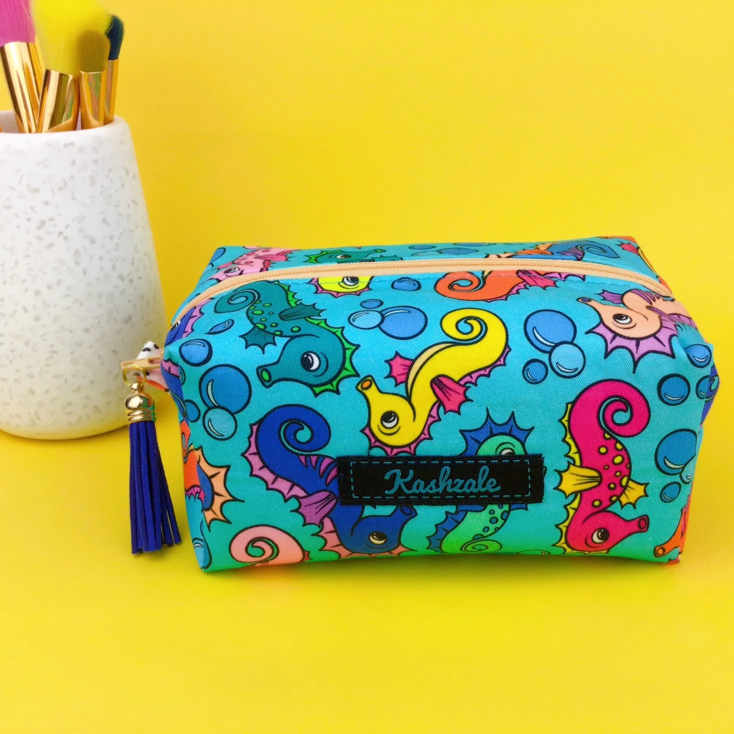 Seahorse Blue Medium Box Makeup Bag. Kasey Rainbow Design.
