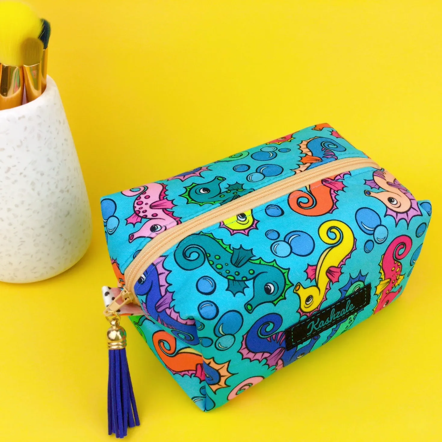 Seahorse Blue Medium Box Makeup Bag. Kasey Rainbow Design.