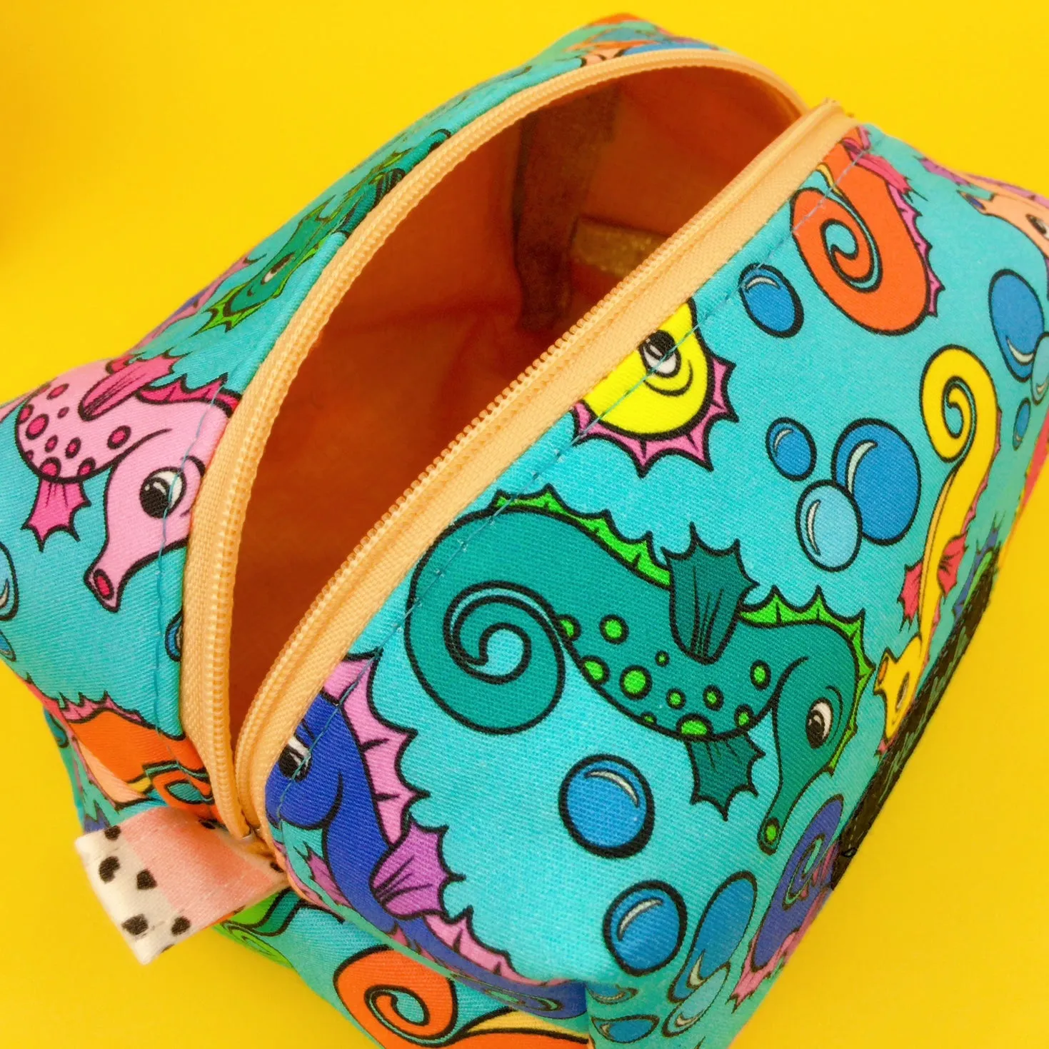 Seahorse Blue Medium Box Makeup Bag. Kasey Rainbow Design.