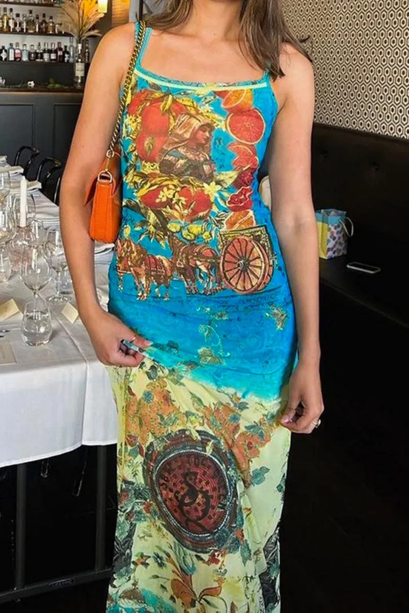 Sexy Print Backless Spaghetti Strap Long Dresses