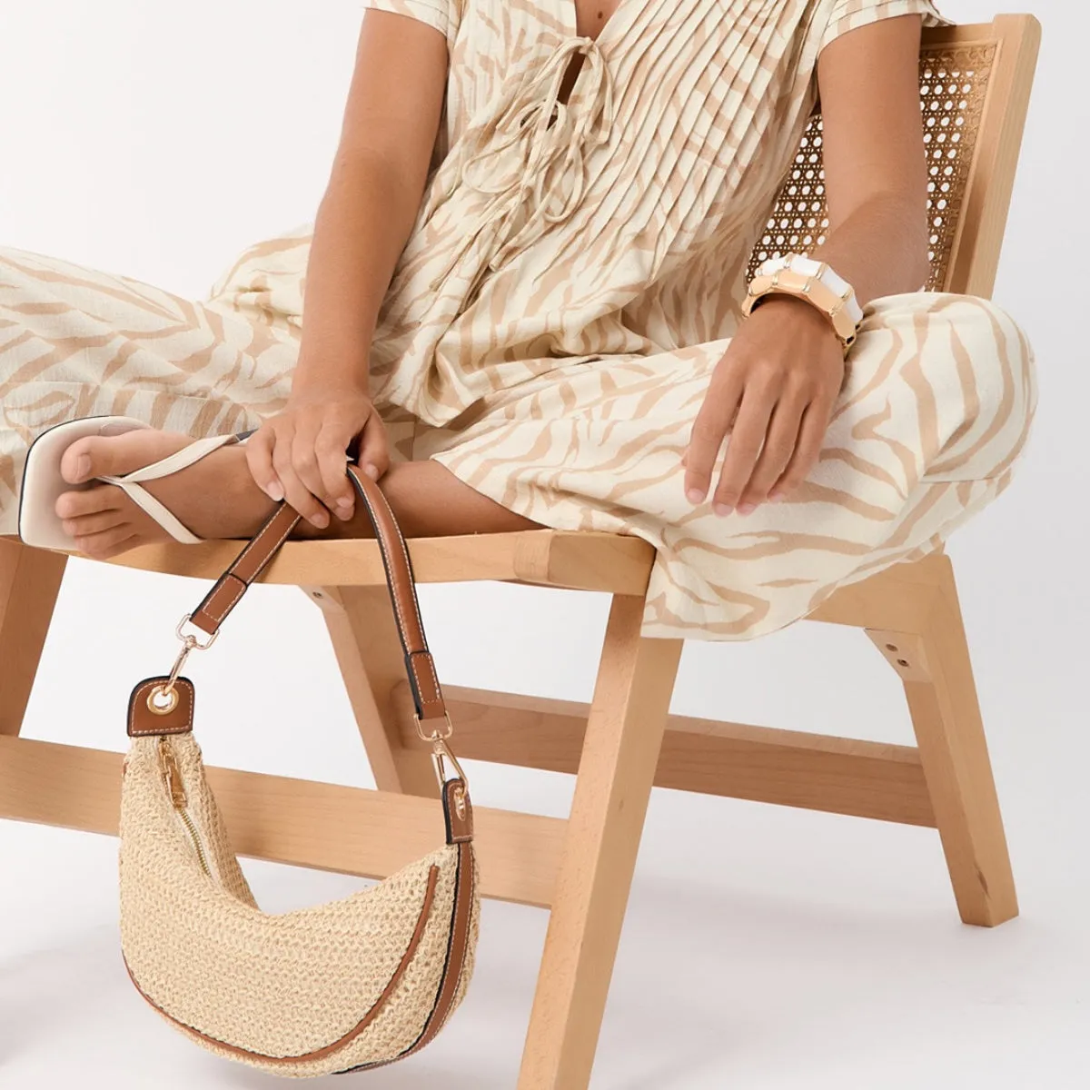 Sienna Crescent Paper Weave Handbag (Natural/Tan)
