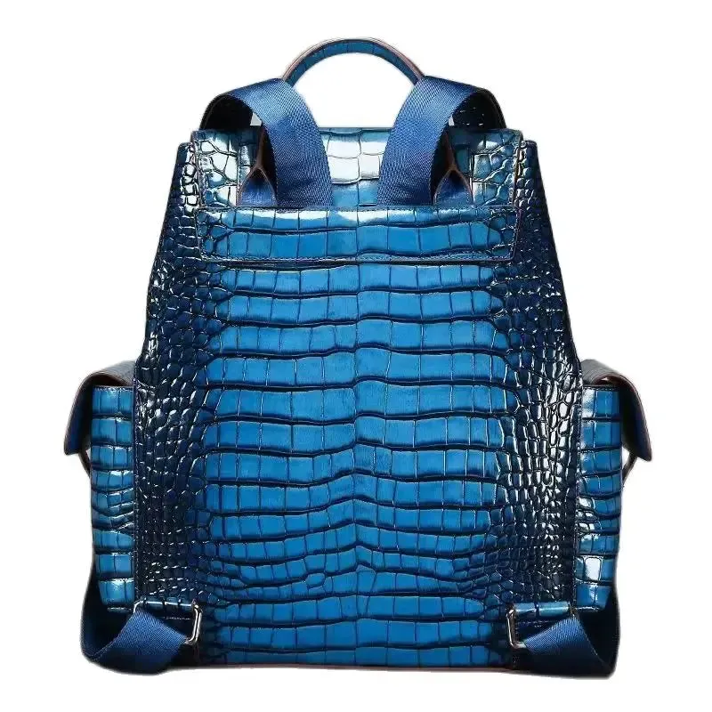 Sleek Croc Embossed Leather Backpack - Blue/Brown/Gray/Red - One Size