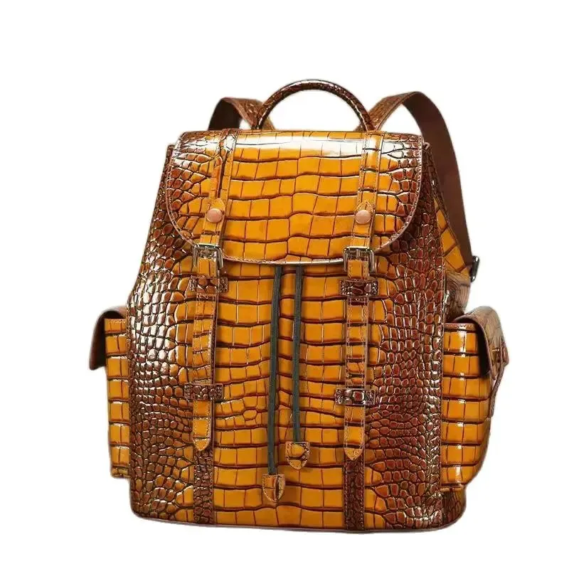 Sleek Croc Embossed Leather Backpack - Blue/Brown/Gray/Red - One Size